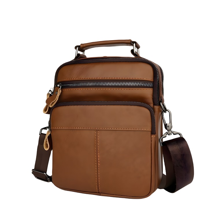 De Umar férfi kézitáska természetes bőrből, IMODIX®, 5 rekeszes, állítható pántok, fogantyú, 23x18x8 cm, 6535, barna
