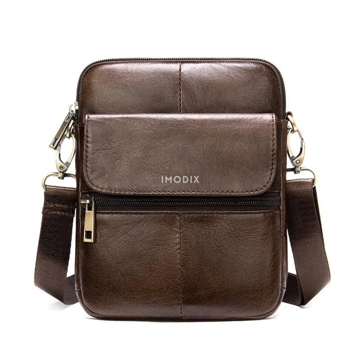Borseta Barbati De Umar Din Piele Naturala, IMODIX®, 4 Compartimente, Curea Ajustabila, 20x15x2.5 cm, 7350, Maro