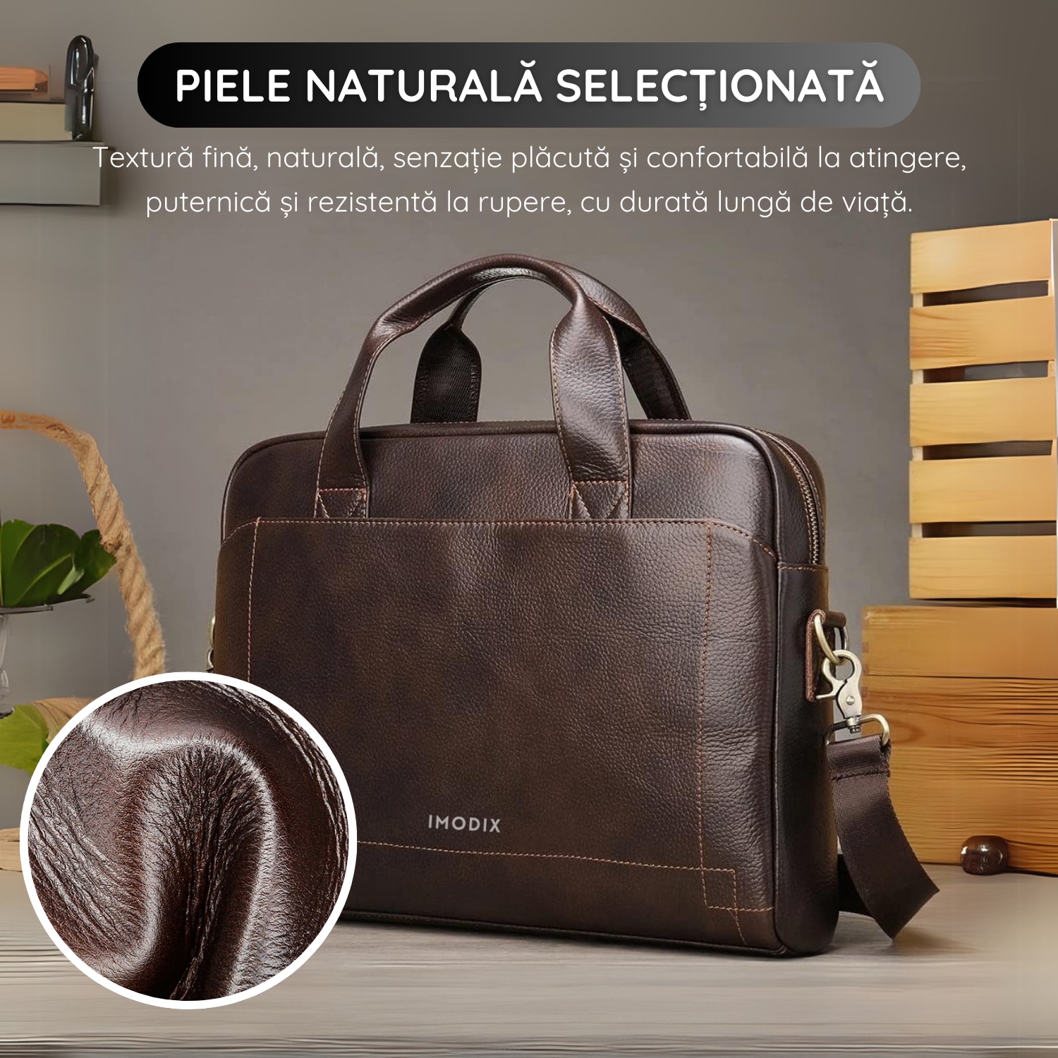 Geanta Laptop Din Piele Naturala, IMODIX, Compartiment Pentru Laptop 14-inch, Spatioasa, Curea De Umar Ajustabila, Multiple Compartimente, Ideala Pentru Birou Si Calatorii, 39x29x9 cm, Model 5006, Maro