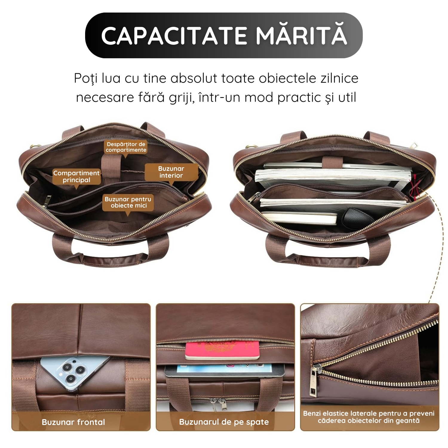 Geanta Laptop Din Piele Naturala, IMODIX, Compartiment Pentru Laptop 14-inch, Spatioasa, Curea De Umar Ajustabila, Multiple Compartimente, Ideala Pentru Birou Si Calatorii, 39x29x9 cm, Model 5006, Maro