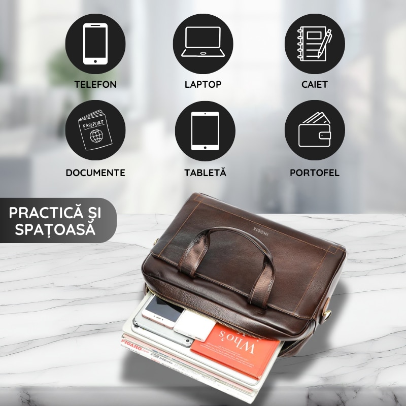 Geanta Laptop Din Piele Naturala, IMODIX, Compartiment Pentru Laptop 14-inch, Spatioasa, Curea De Umar Ajustabila, Multiple Compartimente, Ideala Pentru Birou Si Calatorii, 39x29x9 cm, Model 5006, Maro