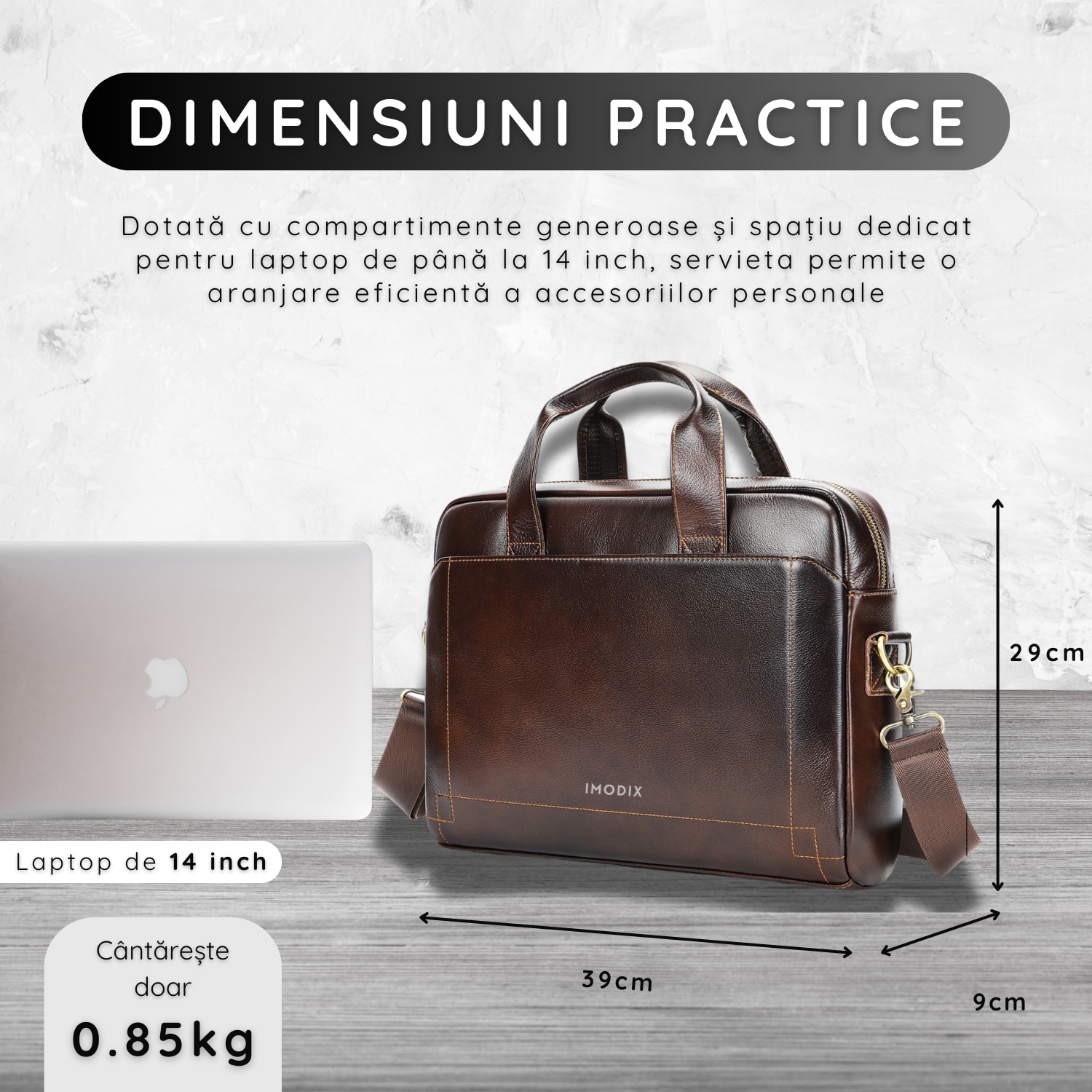 Geanta Laptop Din Piele Naturala, IMODIX, Compartiment Pentru Laptop 14-inch, Spatioasa, Curea De Umar Ajustabila, Multiple Compartimente, Ideala Pentru Birou Si Calatorii, 39x29x9 cm, Model 5006, Maro
