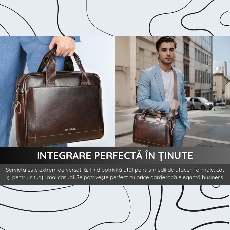 Geanta Laptop Din Piele Naturala, IMODIX, Compartiment Pentru Laptop 14-inch, Spatioasa, Curea De Umar Ajustabila, Multiple Compartimente, Ideala Pentru Birou Si Calatorii, 39x29x9 cm, Model 5006, Maro