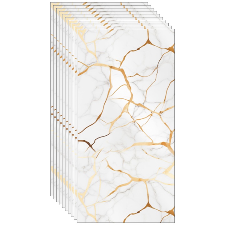 Set 10 Placi de tapet SDEPOT®, grosime 2mm, dimensiuni 30x60cm, imitatie marmura, alb cu model auriu antic
