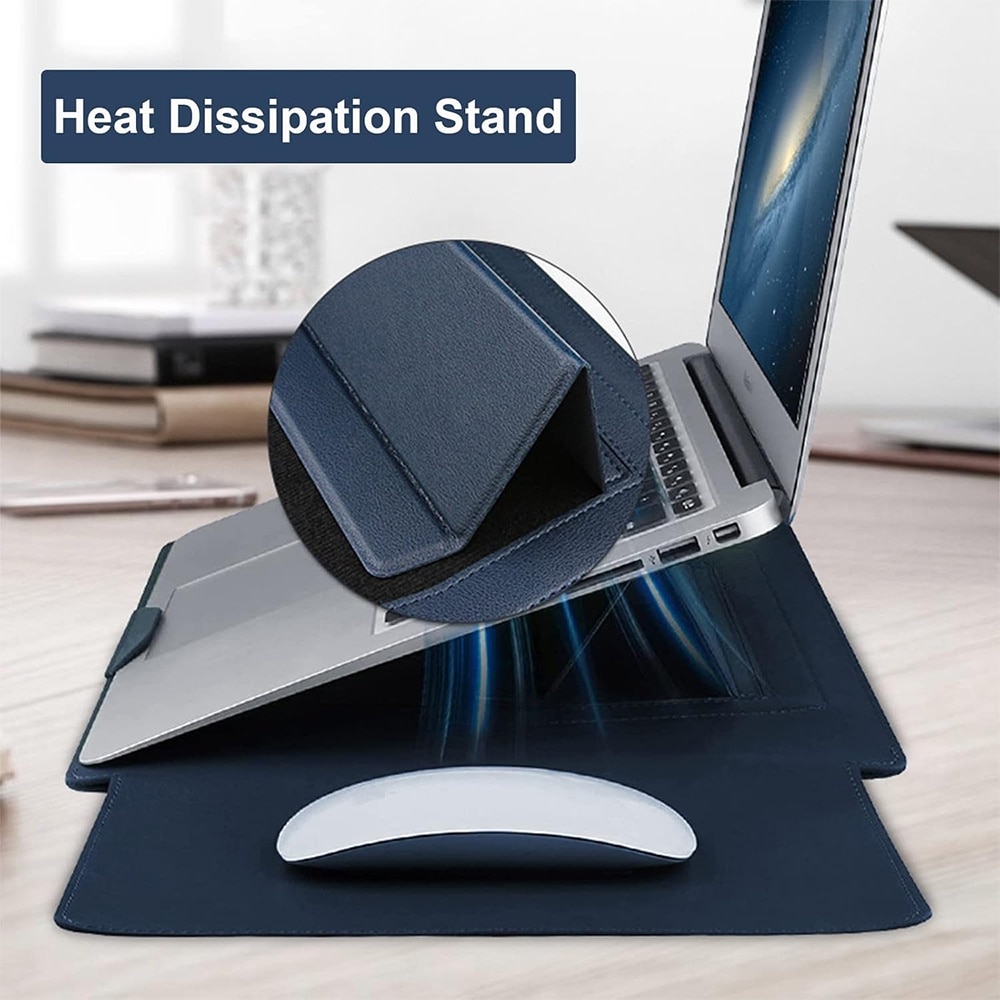 3 in 1 Husa laptop cu foldable stand, NAXSIR, Impermeabil si rezistent la zgarieturi, Velcro, Portabil, Piele PU, 15 inch/16 inch, 28 x 38 cm, Albastru