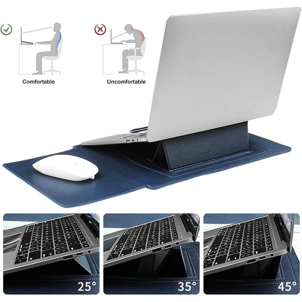 3 in 1 Husa laptop cu foldable stand, NAXSIR, Impermeabil si rezistent la zgarieturi, Velcro, Portabil, Piele PU, 15 inch/16 inch, 28 x 38 cm, Albastru