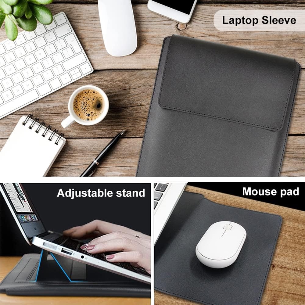 3 in 1 Husa laptop cu foldable stand, NAXSIR, Impermeabil si rezistent la zgarieturi, Velcro, Portabil, Piele PU, 15 inch/16 inch, 28 x 38 cm, Negru