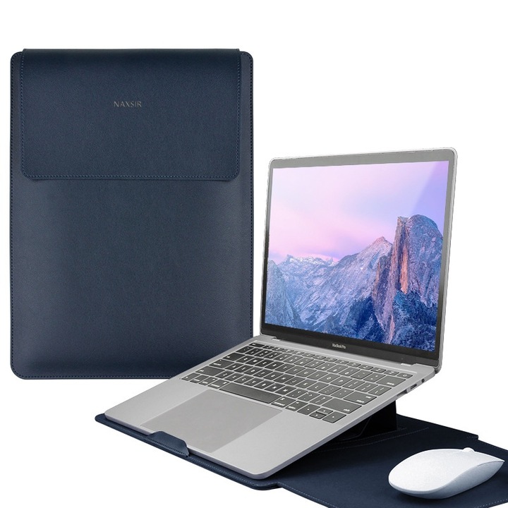 3 in 1 Husa laptop cu foldable stand, NAXSIR, Impermeabil si rezistent la zgarieturi, Velcro, Portabil, Piele PU, 13.3 inch/14 inch, 25 x 34 cm, Albastru