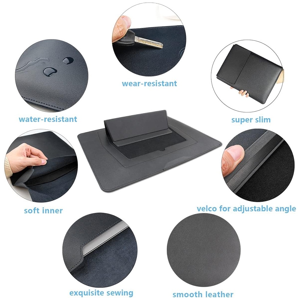 3 in 1 Husa laptop cu foldable stand, NAXSIR, Impermeabil si rezistent la zgarieturi, Velcro, Portabil, Piele PU, 15 inch/16 inch, 28 x 38 cm, Negru