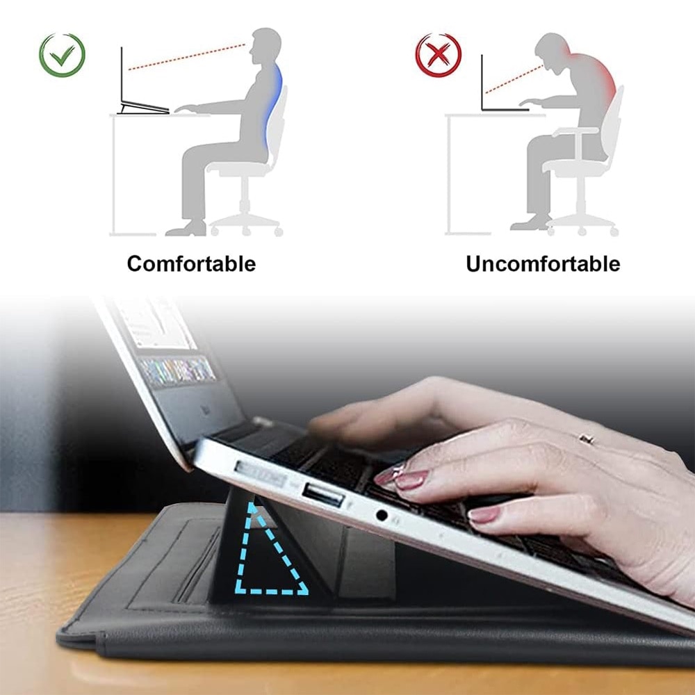 3 in 1 Husa laptop cu foldable stand, NAXSIR, Impermeabil si rezistent la zgarieturi, Velcro, Portabil, Piele PU, 15 inch/16 inch, 28 x 38 cm, Negru