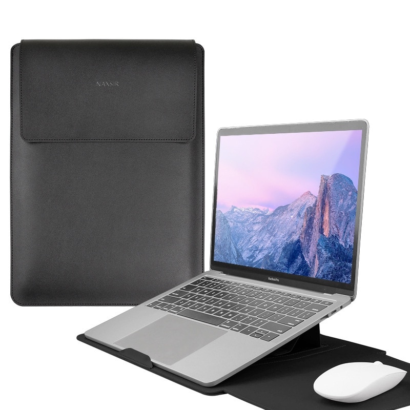 3 in 1 Husa laptop cu foldable stand, NAXSIR, Impermeabil si rezistent la zgarieturi, Velcro, Portabil, Piele PU, 15 inch/16 inch, 28 x 38 cm, Negru
