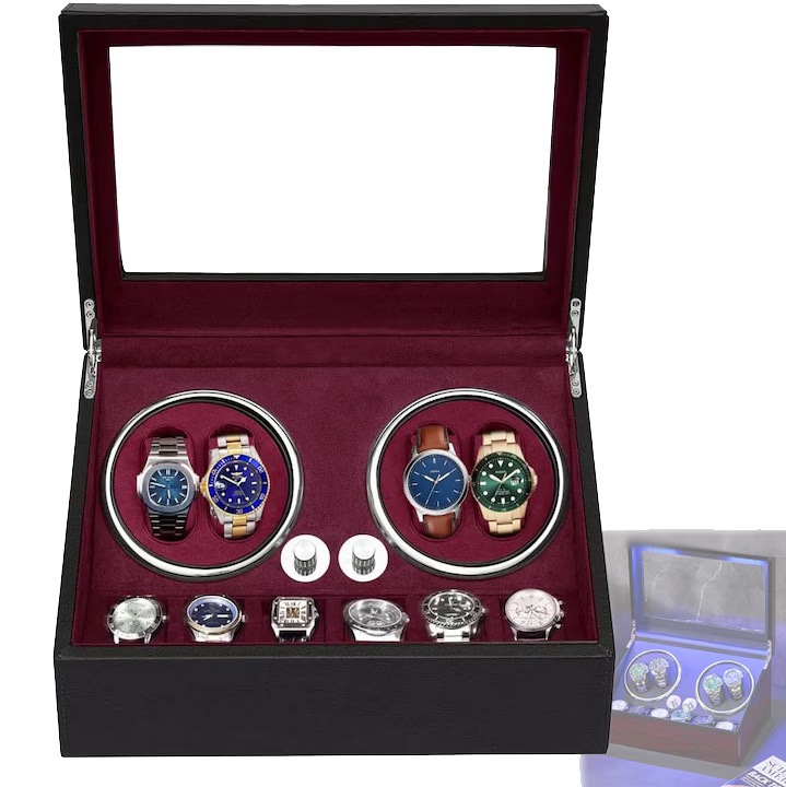 Cutie intors ceasuri automatice, Luxury 4+6, Interior din catifea rosie, cu LED, Negru