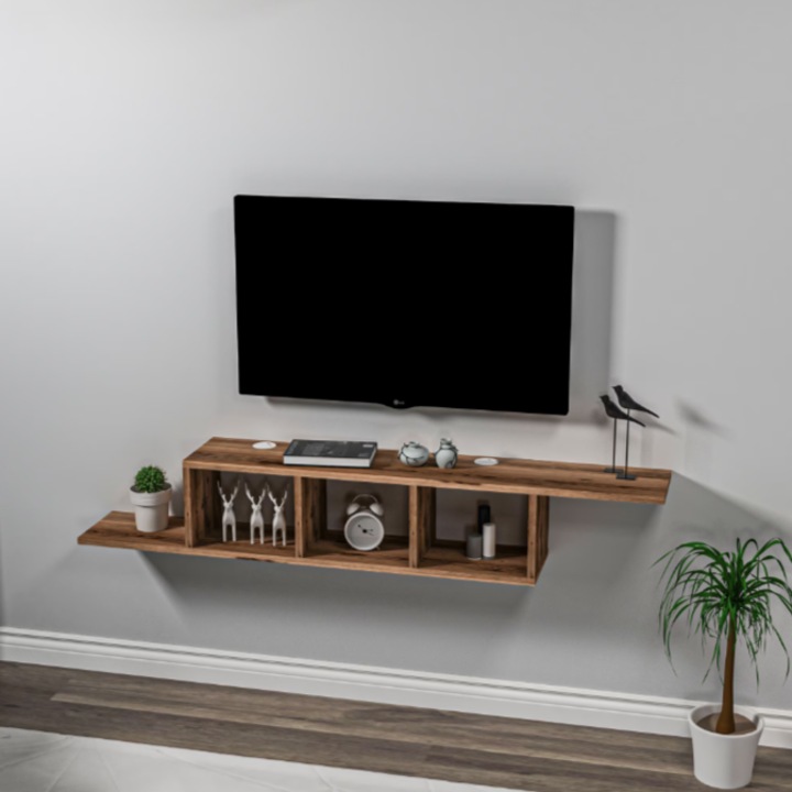 Suport TV suspendat Harris, @Mobleto 150x20 cm, living, culoare nuc, living/bilioteca, suport tv, biblioteca, Pal 18 mm, calitate premium