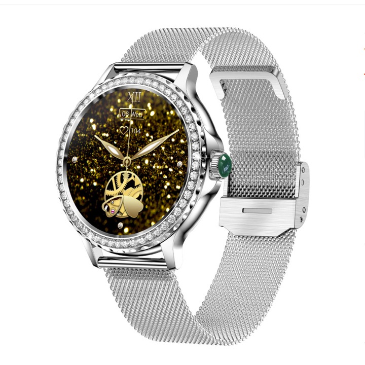 Ceas inteligent pentru femei NX19, sportiv, waterproof IP68, ecran 1.3", bratara din inox, argintiu