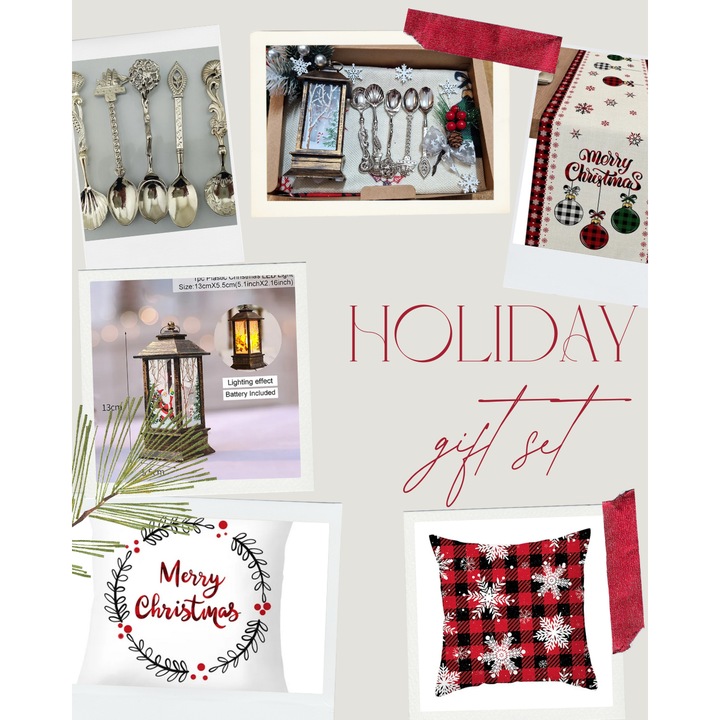 Pachet Cadou Christmas, cu o traversa masa cu design de Craciun, o lampa decor LED 13x5.5cm, model Craciun, set 5 lingurite desert model retro si doua fete de perna, model de iarna, in cutie maro