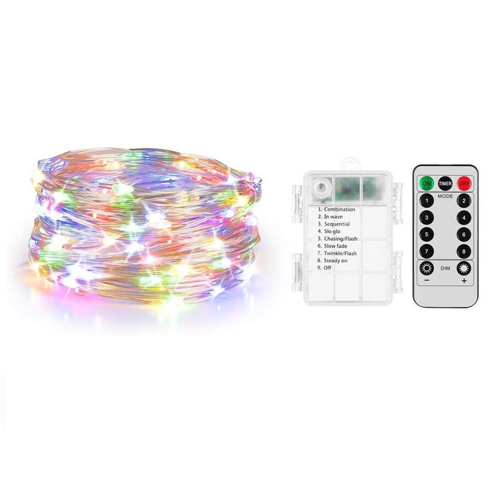 Комплект LED лента 10m, 100 LED крушки, с дистанционно, с батерии, многоцветна