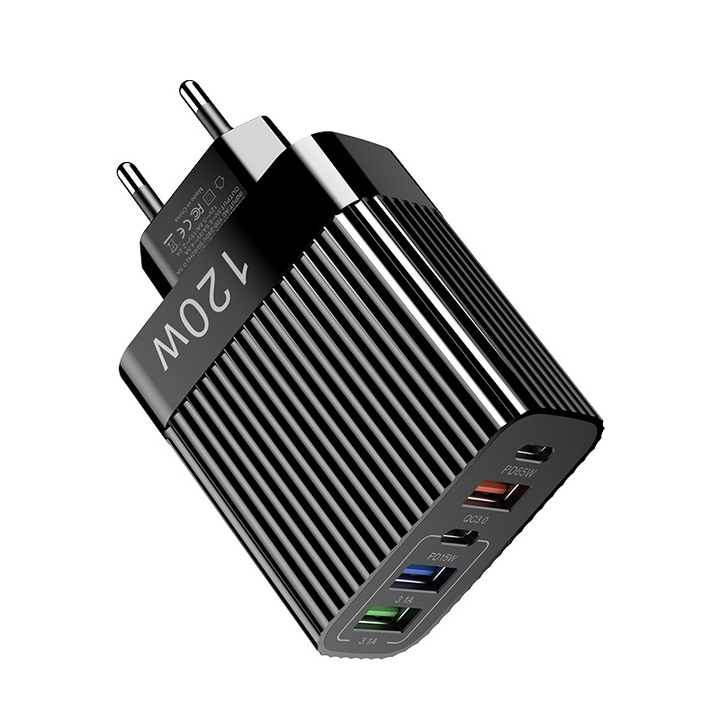 Telefon és tablet töltő, 120W, 3USB+2PD, fekete