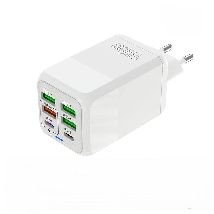 Töltőadapter mobiltelefonokhoz és tabletekhez, 150 W-os kettős gyorstöltő PD adapter, 3 USB port + 2 PD port, fehér