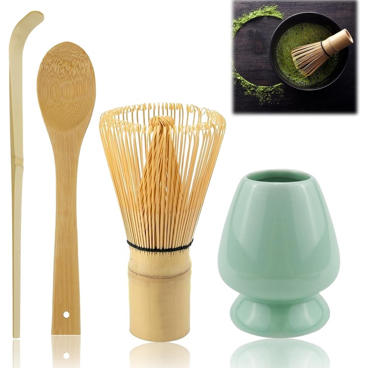 Set 4 accesorii ceai Matcha, bambus, ceramica, Design ergonomic, Usor de utilizare si de curatat, tehnici traditionale manuale, durabil, OUYLAF, verde|maro