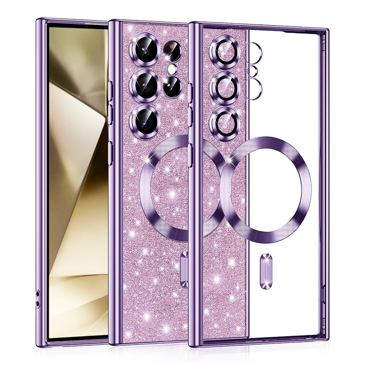Husa pentru Samsung Galaxy S25 Ultra DaDen®, Luxury Glitter, Antisoc, MagSafe, Protectie camere, Transparenta cu Mov deschis