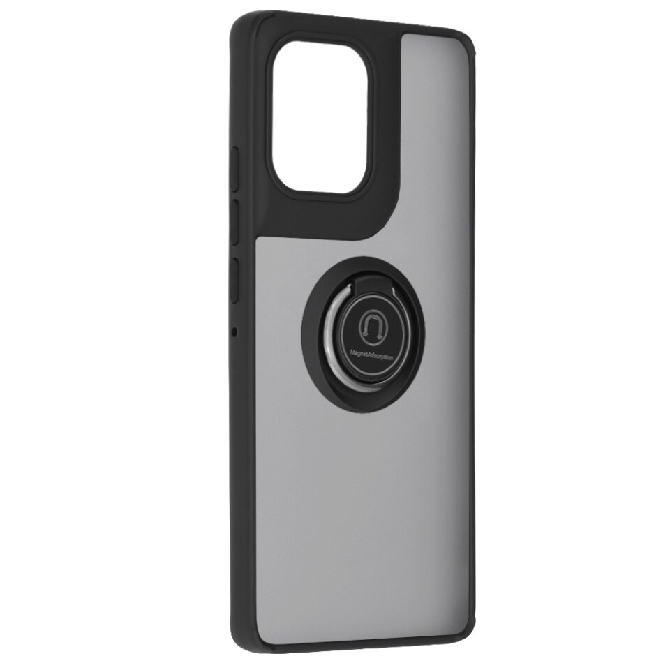 Husa pentru Motorola Edge 50, SKYDDAR INNOVATION, Glinth cu Inel Rotativ 360° Magnetic, Negru, set cu sticker