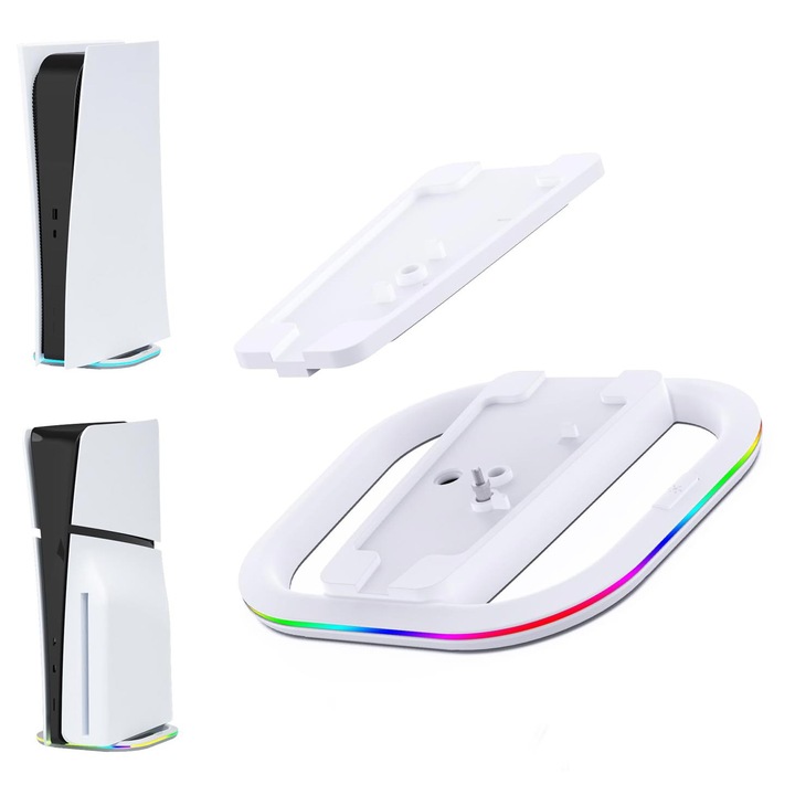 Stand Vertical pentru PlayStation 5/PlayStation 5 Slim, 7 Lumina RGB, Destul de stabil, Usor de instalat, ergonomic, OUYLAF, alb