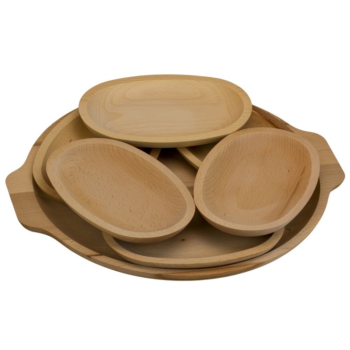 Set platou rotund cu manere si 6 farfurii oval, 7 piese, 35 cm, lemn masiv, rustic, OnemisFlot