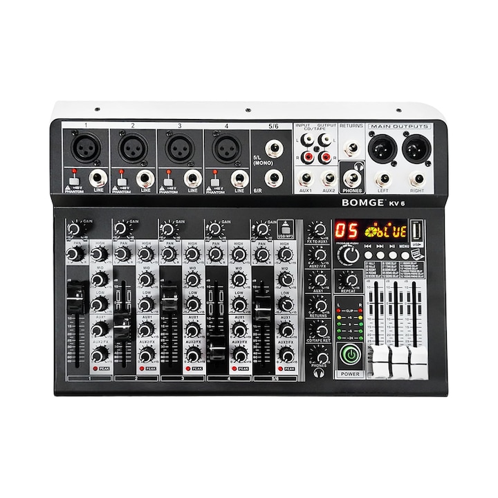 BOMGE KV6 6-канален професионален аудио миксер, DSP 99 ефекти, USB аудио интерфейс, +48V фантомно захранване, Bluetooth, звукова карта, подходящ за професионални записващи партита, KTV и сцена