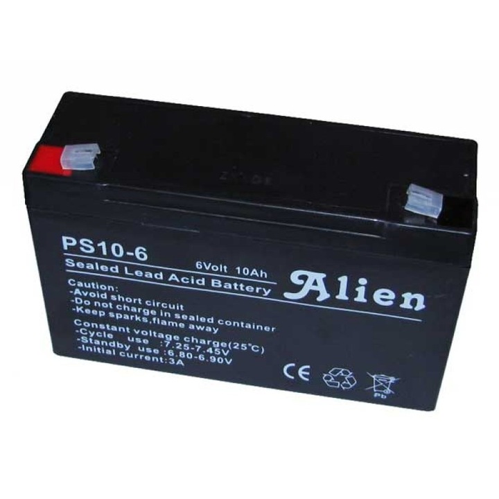 Оловно-киселинна/гел батерия, 6V 10A Alien, черна, малка кутия