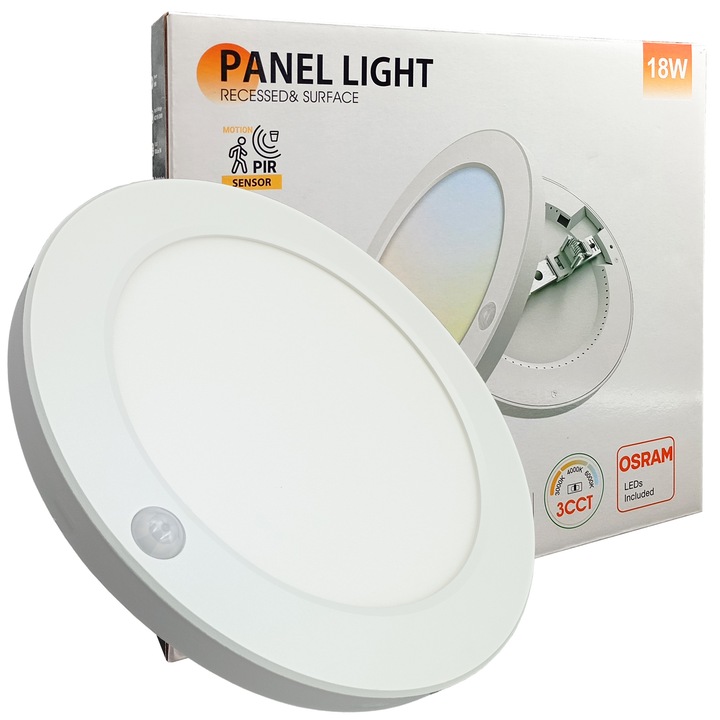 LED плафониер 18W (130W), кръгъл, Osram CHIP, със сензор за движение и яркост, 2000 Lm, повърхностен или вграден монтаж, Ø23x2cm, избираема светлина 3000K-4000K-6000K