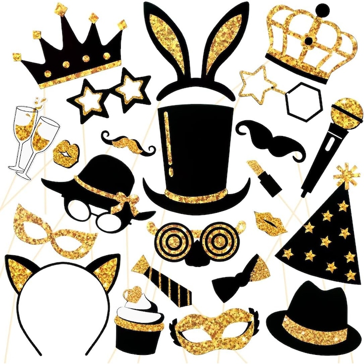 Set de 23 accesorii pentru fotografie, cutie cu recuzita pentru fotografii, decoruri pentru cabina foto, accesorii pentru petreceri, pentru aniversari, nunti si revelion, negru/auriu