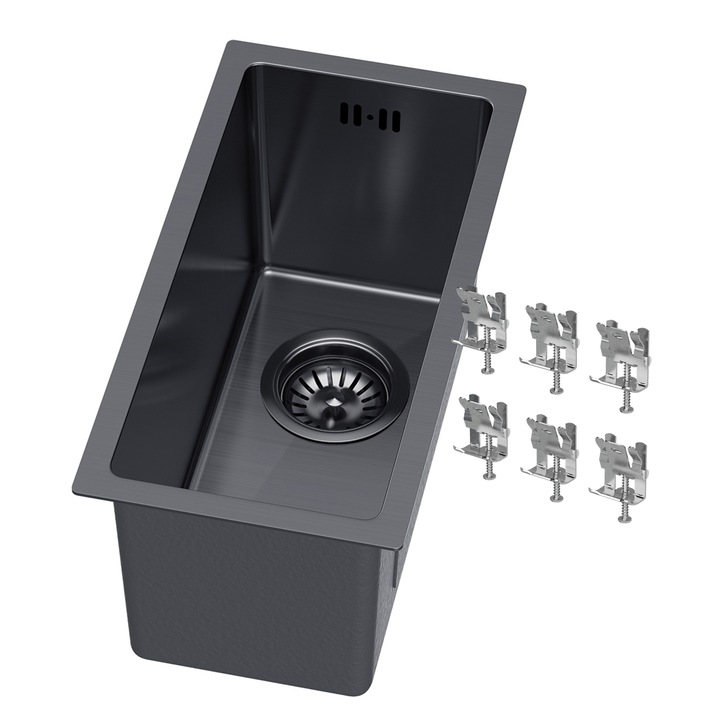 Chiuveta bucatarie BARI 22, din otel inoxidabil PVD negru mat, super slim, cu un singur vas, montaj sub/pe blat, design minimalist, compacta 438x218mm, rezistenta la zgarieturi, impacturi si socuri termice, cu sifon si kit de montaj incluse