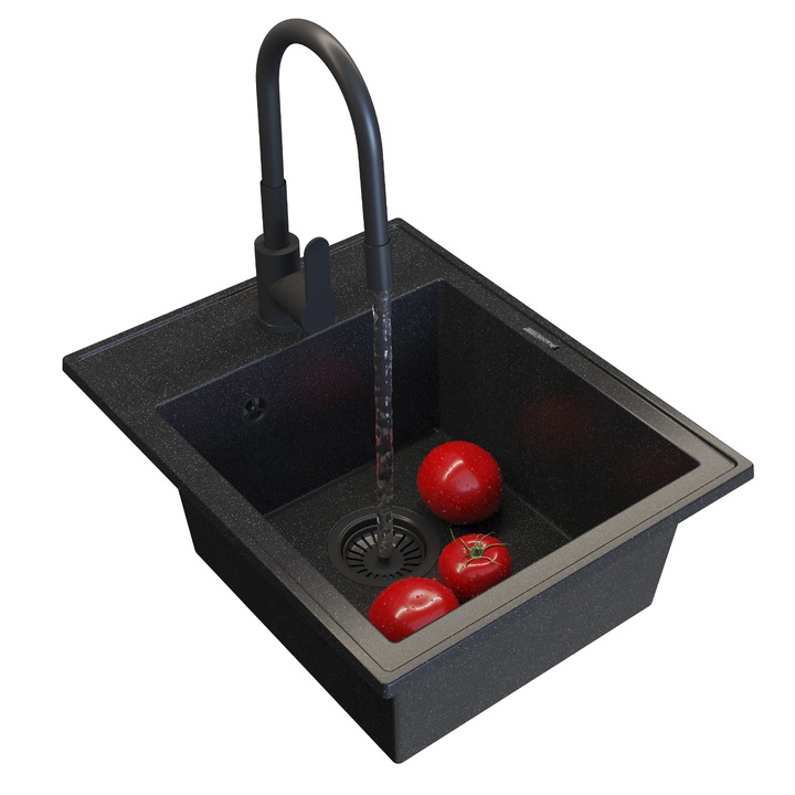 Chiuveta Bucatarie Granit Nero 50x40 cm Set Complet Baterie Grado Sifon Ociekarka Impregnat Chiuveta Incastrata Durabila Rezistenta Design Modern Negru Granitan Calitate Premium Accesorii Incluse