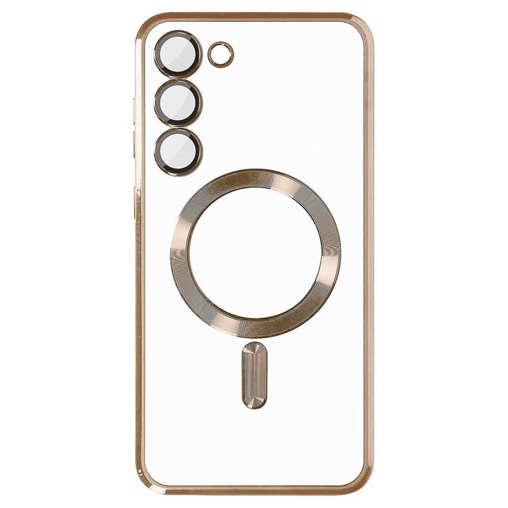 Husa tip MagSafe compatibila cu Samsung Galaxy S22 Plus, Snap-On Electroplate, Protectie camere, Margini electroplacate, Atasare magnetica, Bumper compatibil cu incarcarea wireless MagSafe, Auriu/Transparent