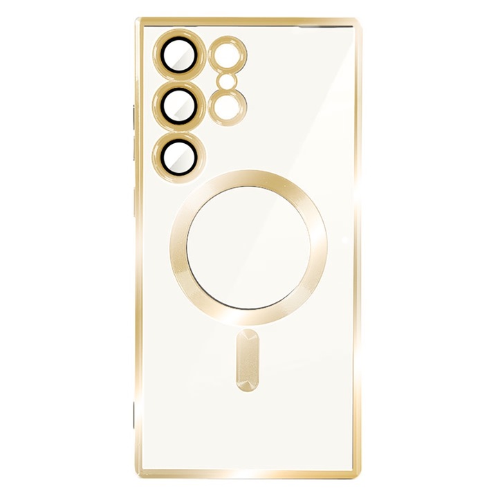 MagSafe калъф, съвместим със Samsung Galaxy S22 Ultra, Snap-On Electroplate, защита на камерата, галванизирани ръбове, магнитна приставка, броня, съвместима с безжично зареждане MagSafe, златисто/прозрачно