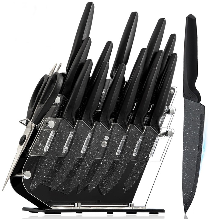 Set de cutite din otel inoxidabil cu carbon inalt, MWAOWM, 17 piese, cu suport, negru, cu ascutitor