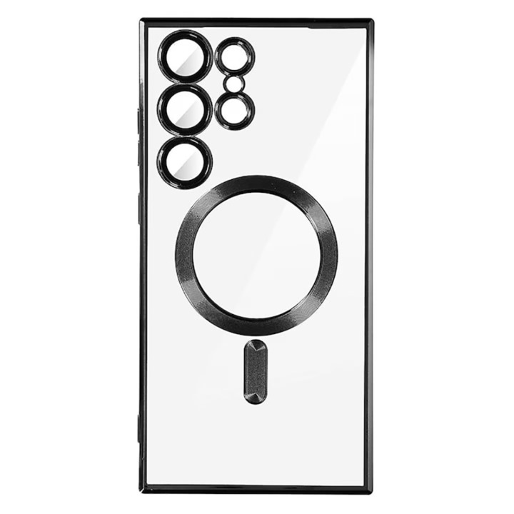 Husa tip MagSafe compatibila cu Samsung Galaxy S26 Ultra, Snap-On Electroplate, Protectie camere, Margini electroplacate, Atasare magnetica, Bumper compatibil cu incarcarea wireless MagSafe, Negru/Transparent