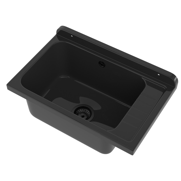 Chiuveta Utilitara Neagra Granitan, Cuva de Serviciu Multifunctionala din Polipropilena, Rezistenta Chimic si Termic. Ideala Spalatorie, Garaj, Atelier, Camera Tehnica. Include Sifon si Kit Complet Instalare. Lavoar Robust 50x34x21 cm