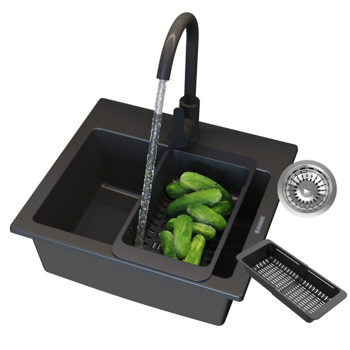 Chiuveta Bucatarie Granit Granitan TEOR, Neagra, Incastrabila, Dreptunghiulara 44.2x41.5cm, Pachet Complet cu Robinet Mixer PRESTIGE Negru, Cos Pliabil, Sifon Economie Spatiu, Durabila, Design Modern