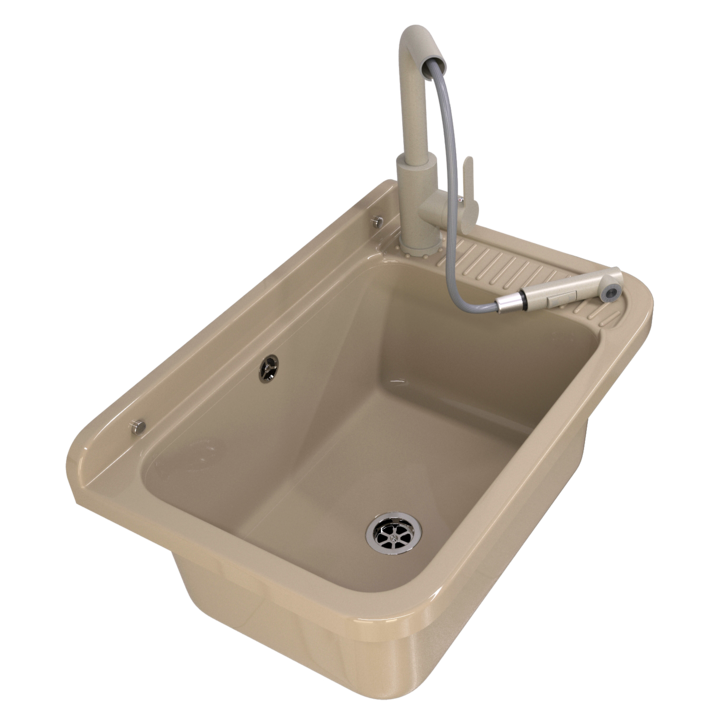 Set Chiuveta Utilitara NEGRA Polipropilena Bej 58.4x38cm, Inclus Baterie Bucatarie Ebro cu Dus Extensibil si Sifon cu Priza Suplimentara Masina Spalat