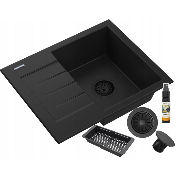 Chiuveta Granit Milano Negru cu Scurgere Laterala, Set Complet Sifon Perete, Cos Pliabil, Dop si Impregnare GraniProtect, Dimensiuni 57.4x47 cm, Rezistenta Sporita, Design Modern, Ideala Bucatarie