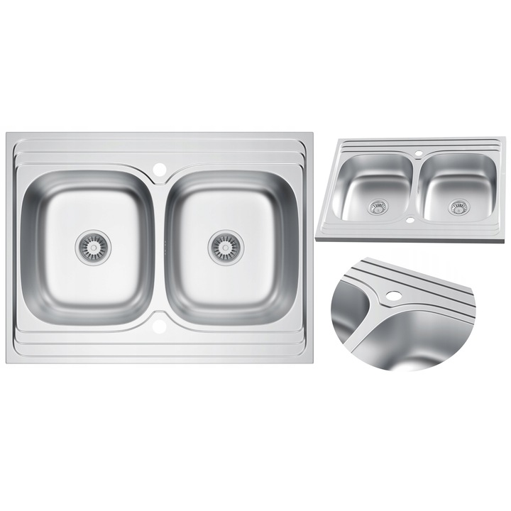 Chiuveta dubla bucatarie din otel inoxidabil, cu finisaj micro-texturat, dimensiuni 80x60 cm, montare prin suprapunere, cu doua cuve spatioase, rezistenta la zgarieturi, sistem de izolare fonica, perfecta pentru orice bucatarie moderna, uso