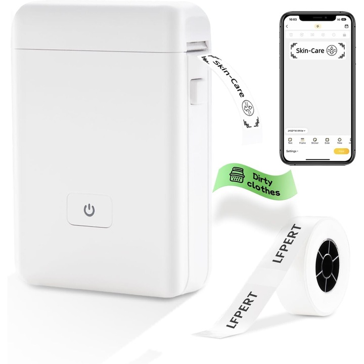 Aparat de etichetat portabil, imprimanta termica Bluetooth, compatibila cu iOS si Android, alb, set cu cablu USB