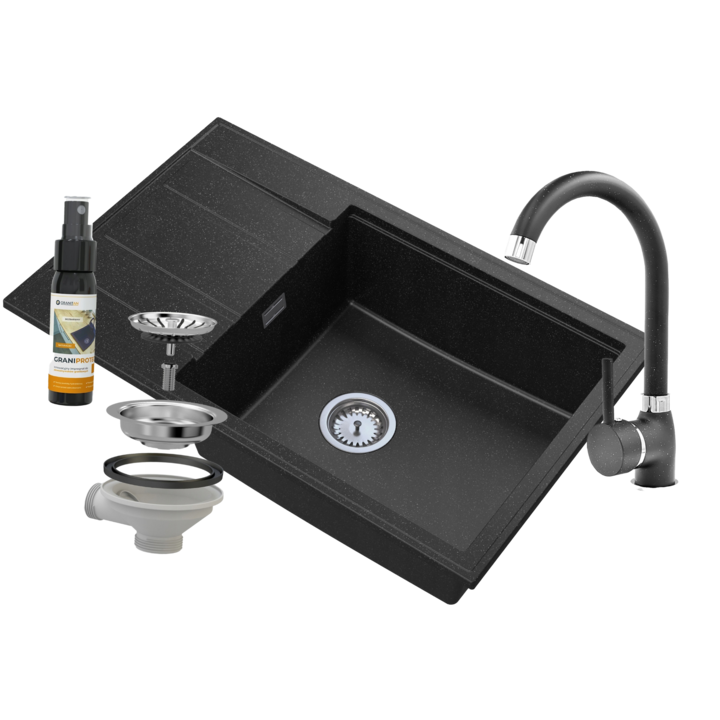Chiuveta, Granitan, Louis, 80x50 cm, Calitate Ridicata A Constructiei, Utilizare De Lunga Durata, Materiale Premium, Design Modern, Granit, Incastrat, Dreptunghi, Negru