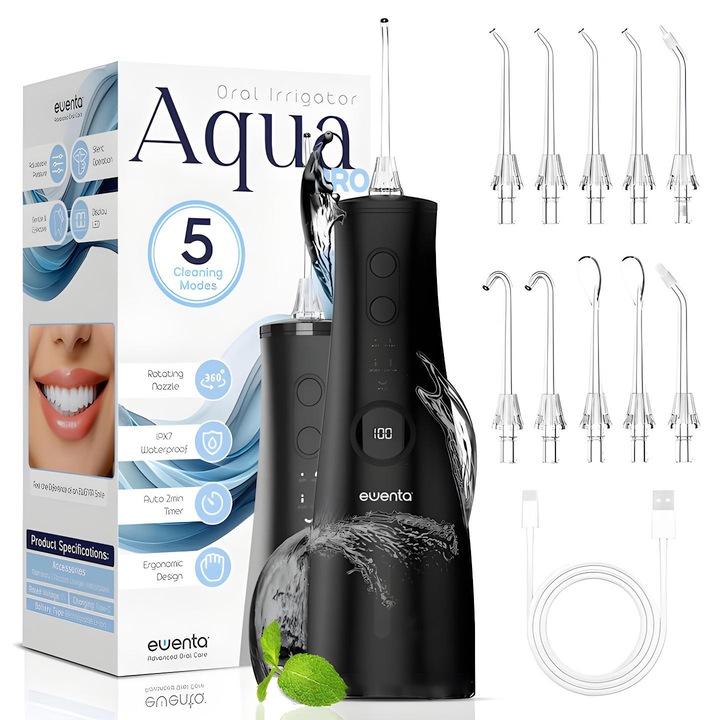 Irigator Bucal tip Dus Bucal Ewenta®AQUA PRO, Irigator Oral Portabil, 5 Programe Curatare, 1400 pulsatii/min, Baterie 2500mAh, Display Digital, Protectie Supraincalzire, IPX7, Rezervor 300ml, USB-C, 10 capete, Negru