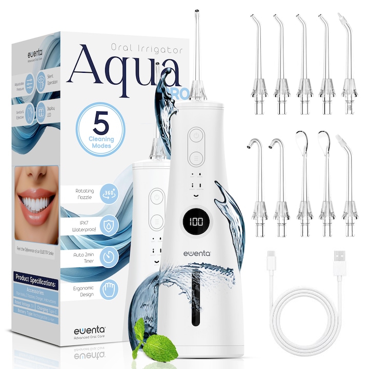 Irigator Bucal tip Dus Bucal Ewenta®AQUA PRO, Irigator Oral Portabil, 5 Programe Curatare, 1400 pulsatii/min, Baterie 2500mAh, Display Digital, Protectie Supraincalzire, IPX7, Rezervor 300ml, USB-C, 10 capete, Alb