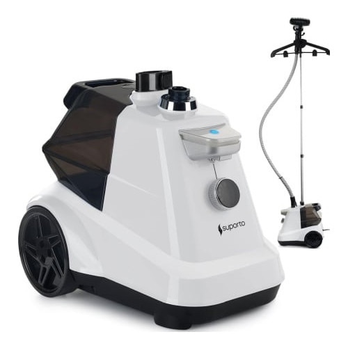Aparat de Calcat Vertical cu abur Suporto pentru haine netede, sterilizate, fara mirosuri si fara cute. Steamer profesional model R3 de 2200W, debit 45g/min, 4 trepte putere, 65 min de lucru, cu umeras, fier telescopic, rezervor apa 3 L, Alb