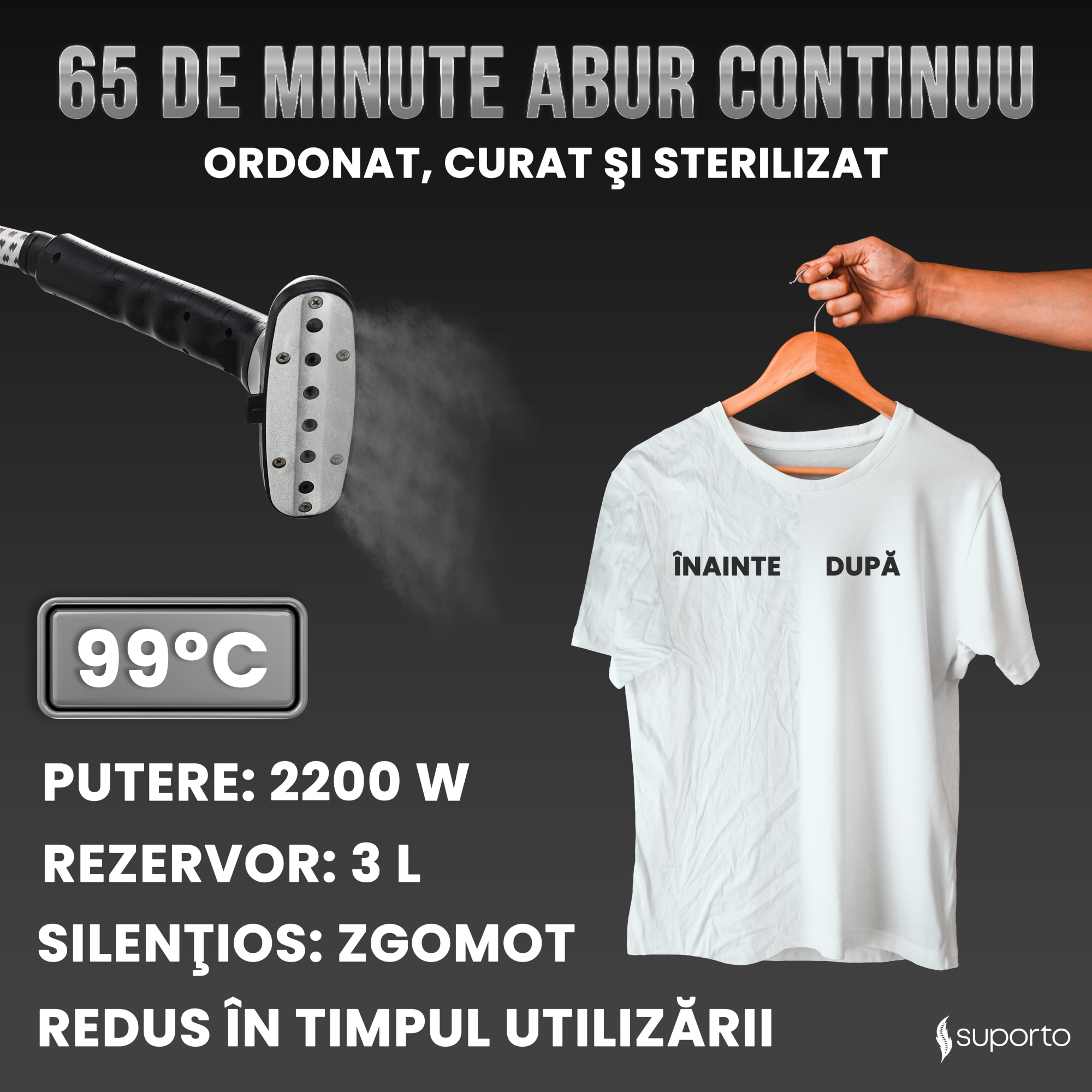 Aparat de Calcat Vertical cu abur Suporto pentru haine netede, sterilizate, fara mirosuri si fara cute. Steamer profesional model R3 de 2200W, debit 45g/min, 4 trepte putere, 65 min de lucru, cu umeras, fier telescopic, rezervor apa 3 L, Alb