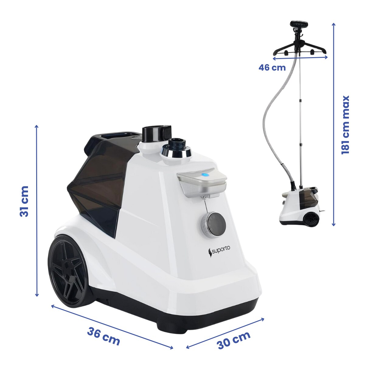 Aparat de Calcat Vertical cu abur Suporto pentru haine netede, sterilizate, fara mirosuri si fara cute. Steamer profesional model R3 de 2200W, debit 45g/min, 4 trepte putere, 65 min de lucru, cu umeras, fier telescopic, rezervor apa 3 L, Alb