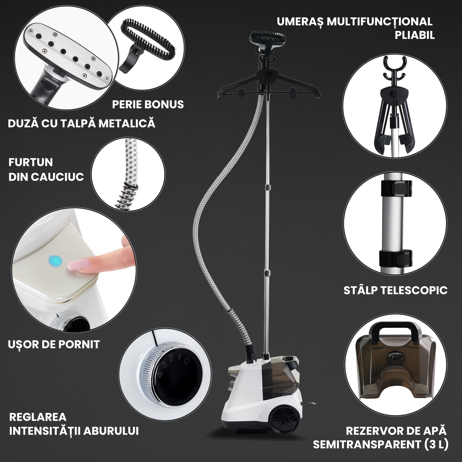 Aparat de Calcat Vertical cu abur Suporto pentru haine netede, sterilizate, fara mirosuri si fara cute. Steamer profesional model R3 de 2200W, debit 45g/min, 4 trepte putere, 65 min de lucru, cu umeras, fier telescopic, rezervor apa 3 L, Alb